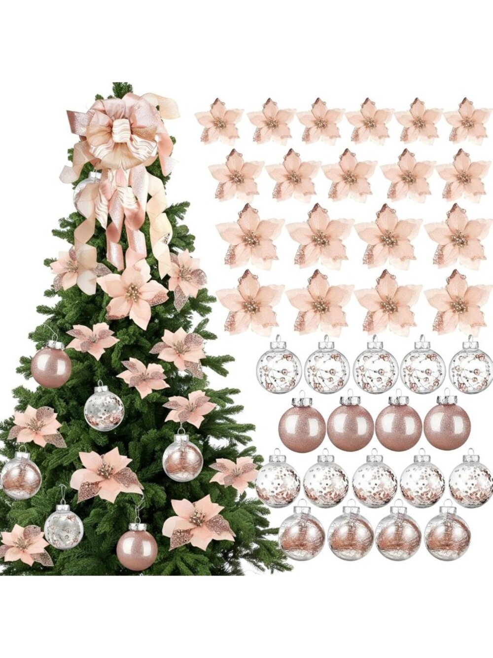 49 Pcs Rose Gold Christmas Tree Decor Set with Glitter Poinsettias & Ornaments